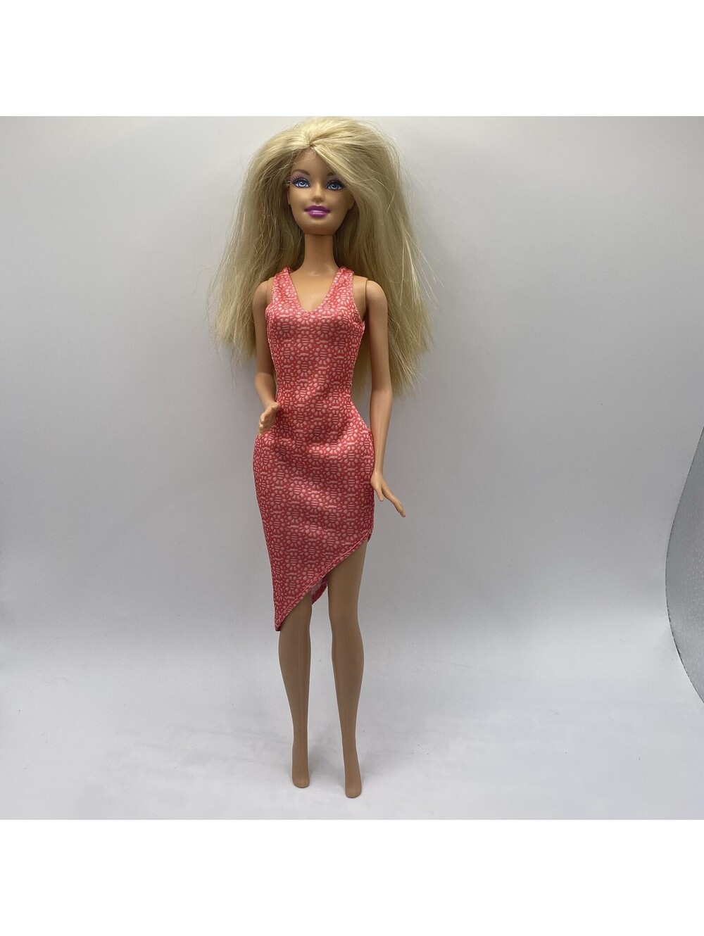 Barbie Doll Blonde Hair Pink Coral Asymmetrical Dress Fashion Doll B17